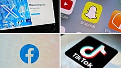 Αυτός ο συνδυασμός φωτογραφιών δείχνει τα λογότυπα του X, πρώην Twitter, επάνω αριστερά, του Snapchat, επάνω δεξιά, του Facebook, κάτω αριστερά, και του TikTok, κάτω δεξιά.