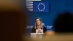 European Parliament President Roberta Metsola speaks during a media conference at an EU summit in Brussels, Thursday, Dec. 14, 2023.