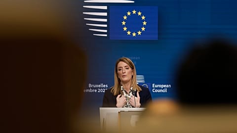 European Parliament President Roberta Metsola speaks during a media conference at an EU summit in Brussels, Thursday, Dec. 14, 2023.