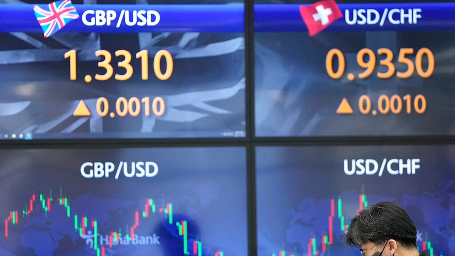 Bir döviz tüccarı, 26 Kasım 2021, Cuma günü Güney Kore'nin başkenti Seul'deki bir döviz işlem odasında döviz kurlarını gösteren ekranların yanında konuşuyor. Asya borsaları
