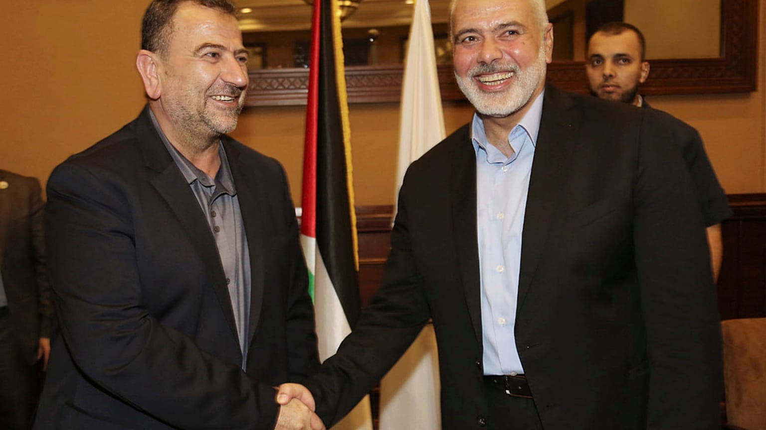 Le chef du Hamas Ismail Haniyeh à droite et Saleh al-Arouri le n°2 de l'organisation (archive 2018)