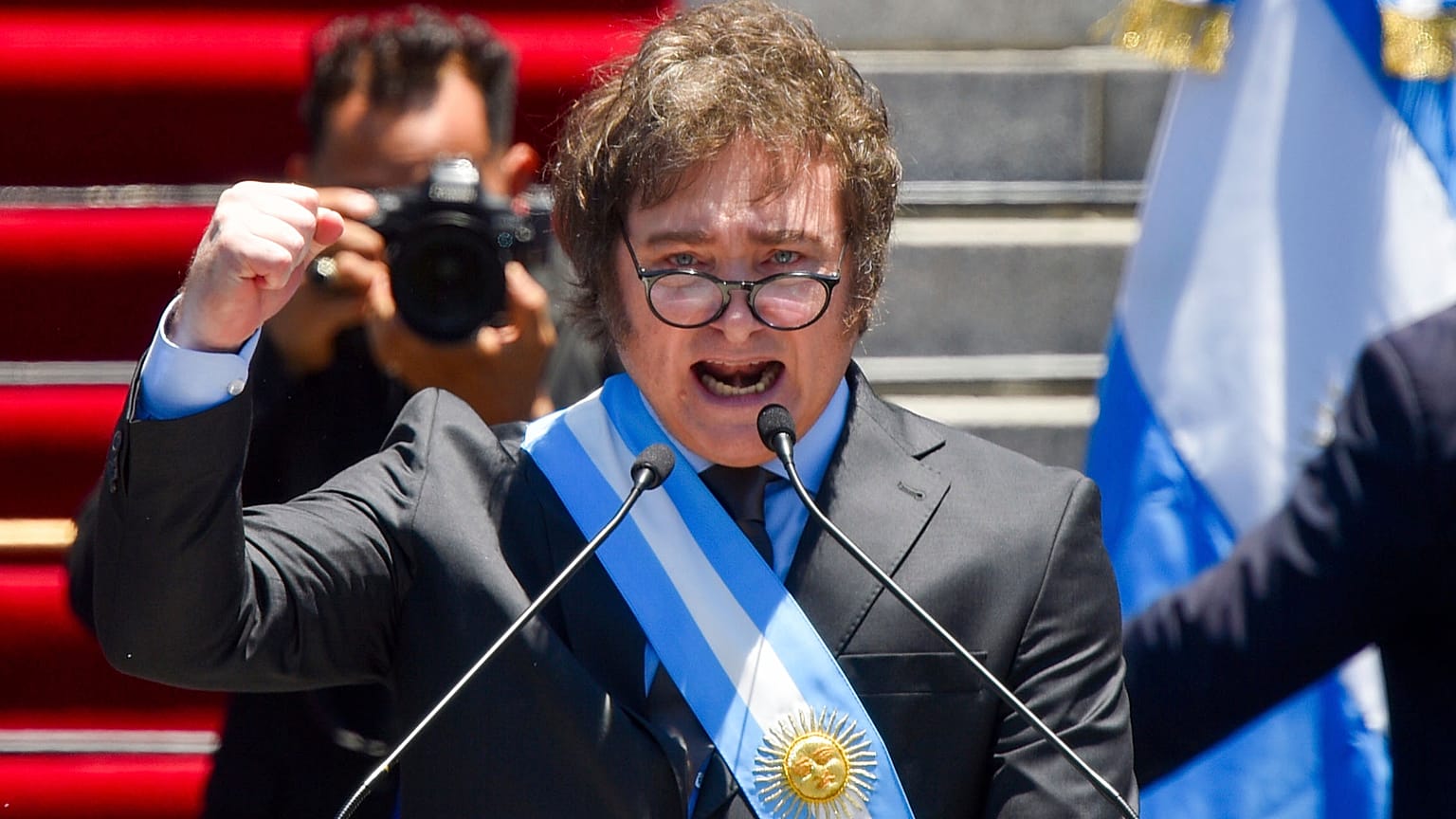 FILE- Argentina's newly sworn-in President Javier Milei speaks outside the Congress in Buenos Aires, Argentina, Dec. 10, 2023. 