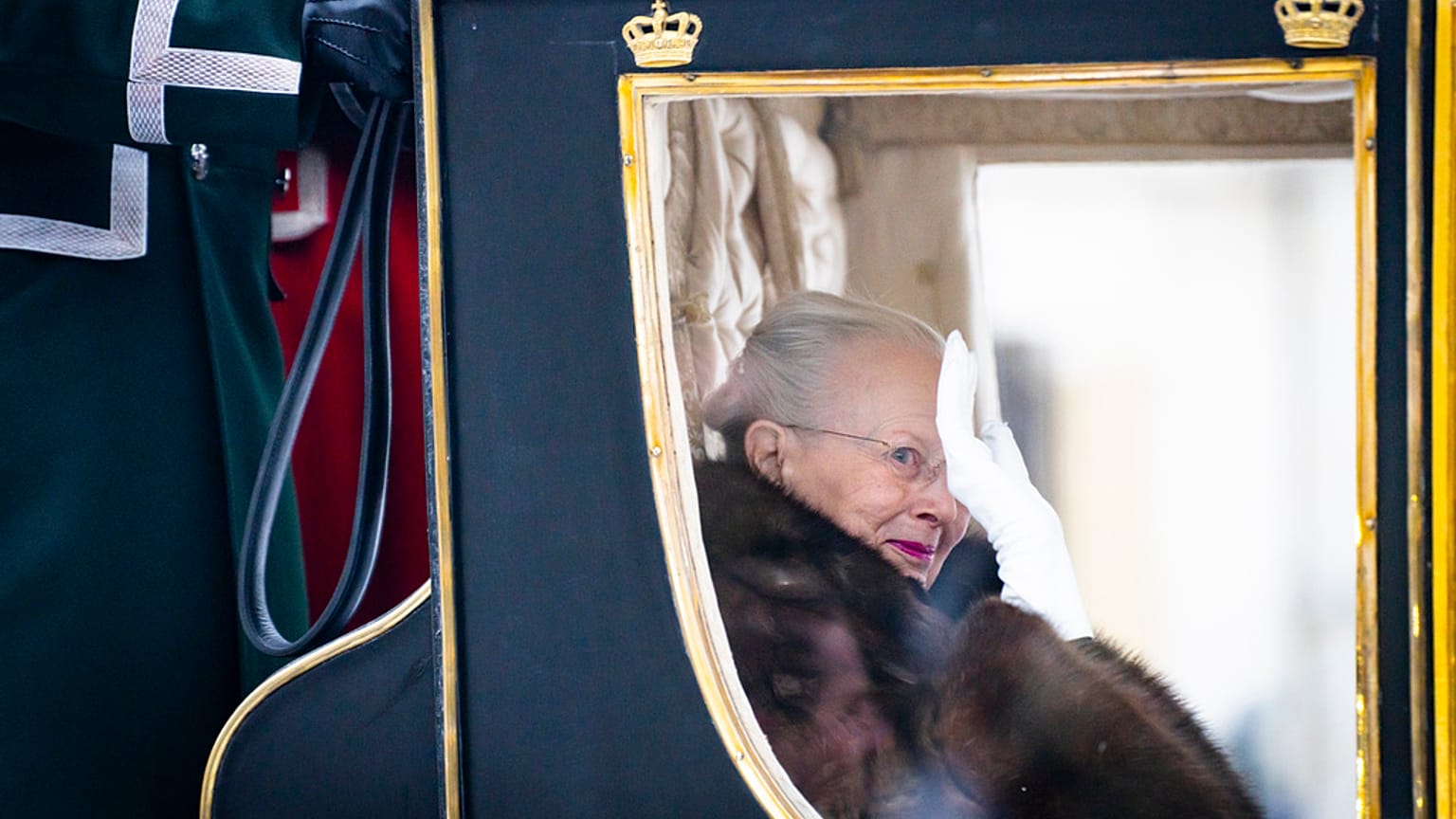 Denmark's Queen Margrethe is escorted by the Hussar Regiment as she rides in a horse-drawn coach from Christian IX's Palace, Amalienborg to Christiansborg Palace 
