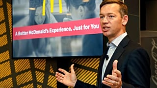 Chris Kempczinski, then-incoming president of McDonald's USA, speaks during a presentation at a McDonald's restaurant in New York's Tribeca neighborhood.