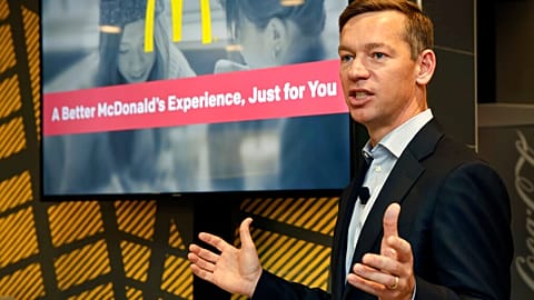 Chris Kempczinski, then-incoming president of McDonald's USA, speaks during a presentation at a McDonald's restaurant in New York's Tribeca neighborhood.