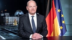 Le chancelier allemand Olaf Scholz lors de son discours du Nouvel An à la chancellerie à Berlin, Allemagne, vendredi 29 décembre 2023.