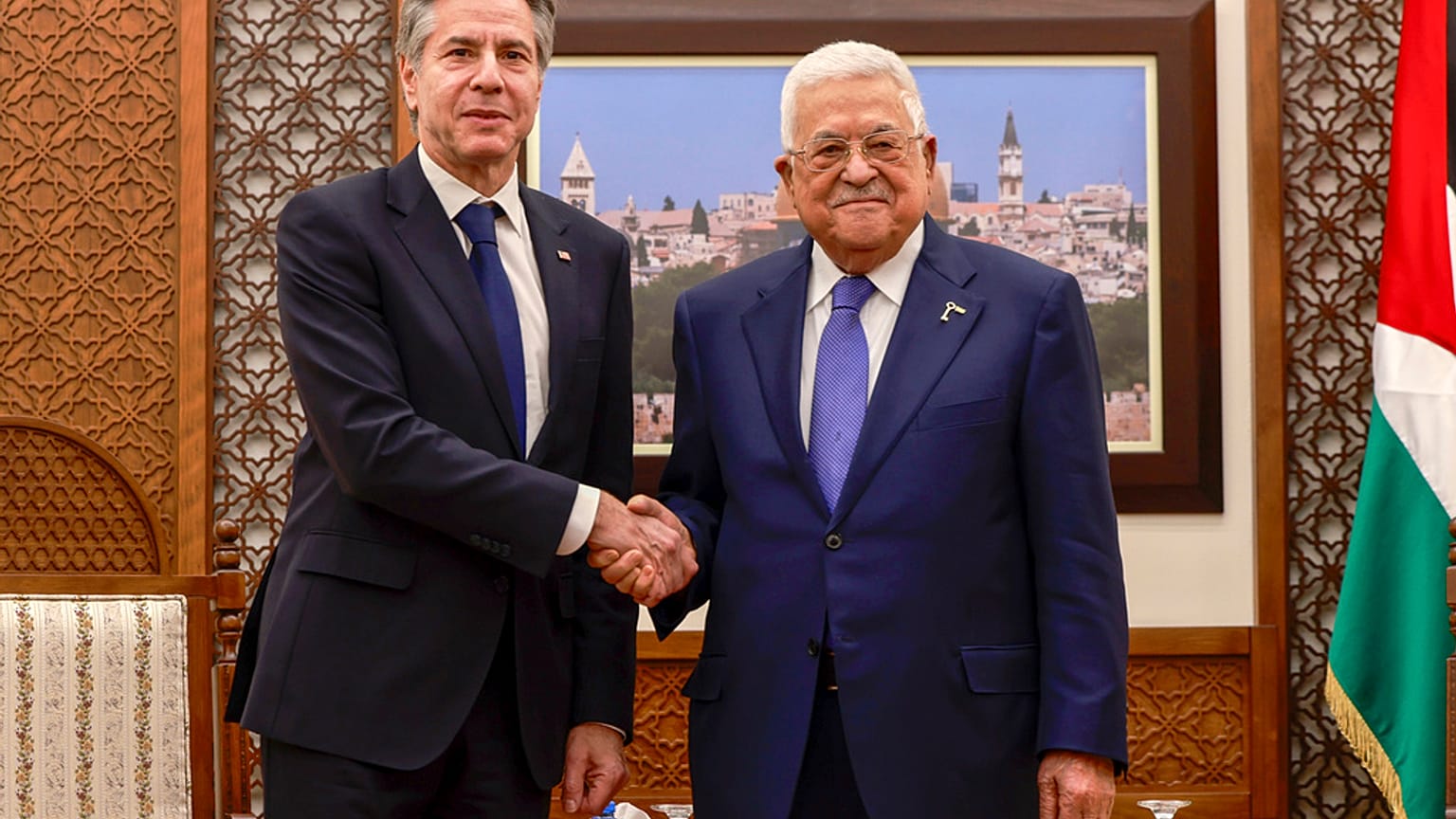 US Secretary of State, Antony Blinken, left, meets with Palestinian president Mahmud Abbas, right, in Ramallah in the Israeli-occupied West Bank on Wednesday, Jan. 10, 2024.