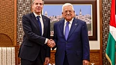 US Secretary of State, Antony Blinken, left, meets with Palestinian president Mahmud Abbas, right, in Ramallah in the Israeli-occupied West Bank on Wednesday, Jan. 10, 2024.