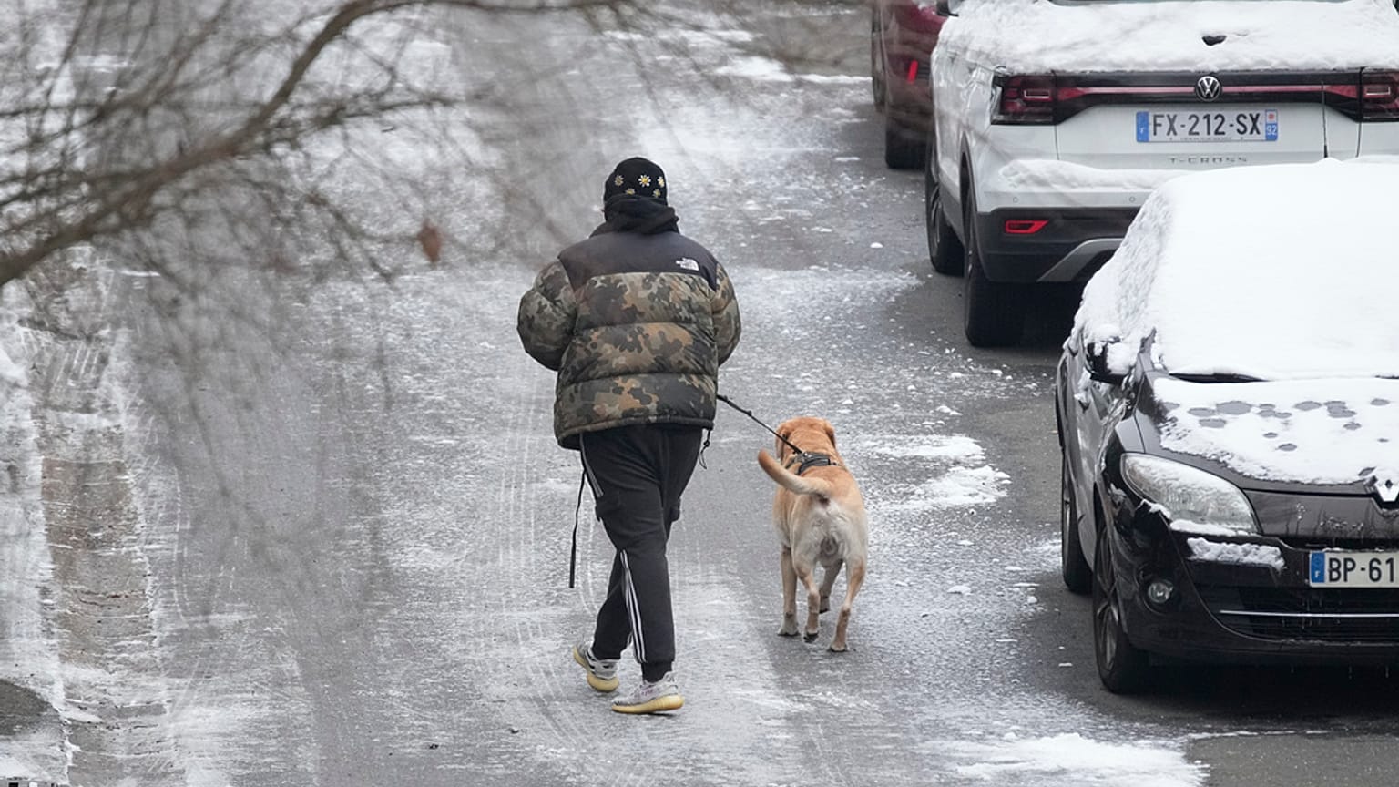 A person walks the dog Tuesday, Jan. 9, 2024 in Ville d'Avray, outside Paris, where temperatures fell under zero degree Celsius.