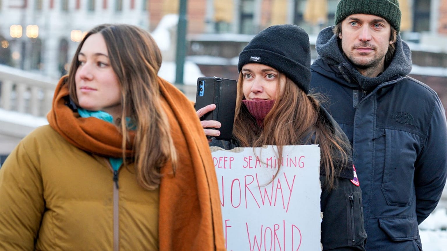 Activists from the French environmental movement attend a protest outside the Norwegian Parliament  in Oslo, Tuesday, Jan. 9, 2024. 