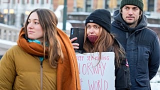 Activists from the French environmental movement attend a protest outside the Norwegian Parliament  in Oslo, Tuesday, Jan. 9, 2024. 