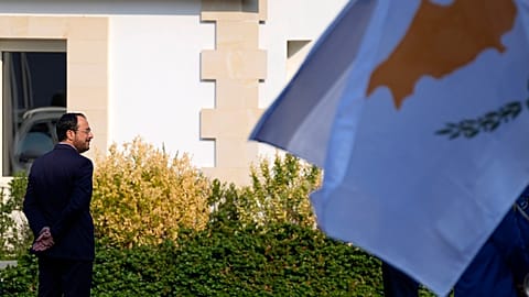 FILE: Cyprus' President Nikos Christodoulides stands by a military guard of honour before a meeting at the Presidential palace in Nicosia, 9 March 2023