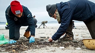 Volunteers collect plastic pellets from a beach in Nigran, Pontevedra, Spain, January, 2024.