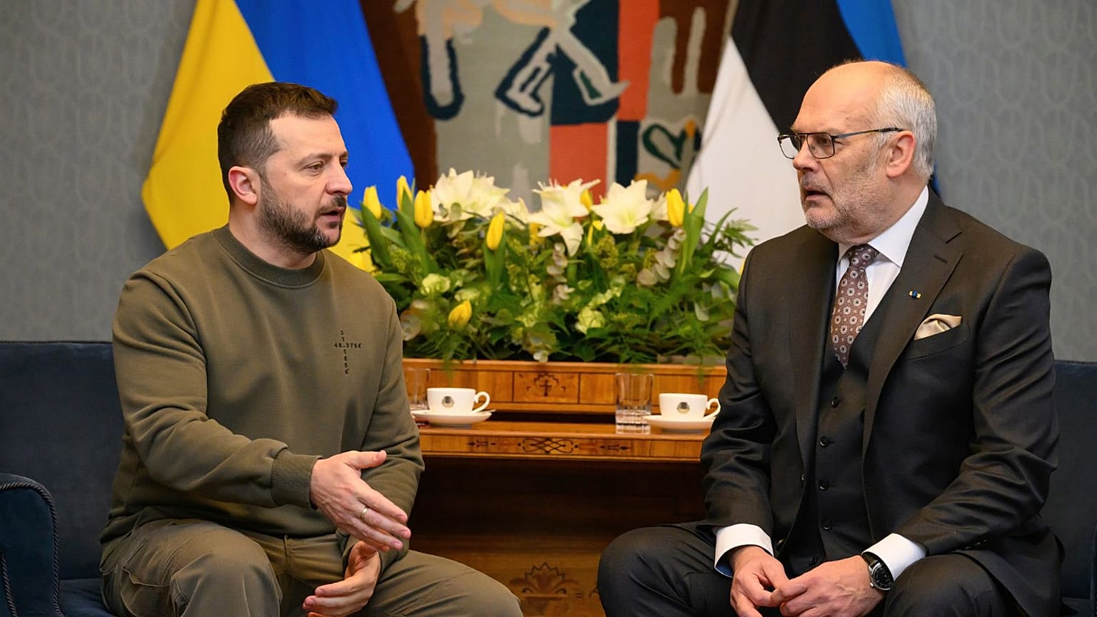 Republic of Estonia, Estonia's President Alar Karis, right, speaks with Ukrainian President Volodymyr Zelenskyy during their meeting in Tallinn, Estonia, Thursday, on 11 Jan.