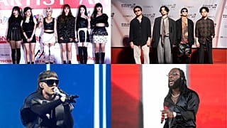 En el sentido de las agujas del reloj, de arriba a la izquierda: El grupo de K-pop (G)I-DLE, el grupo de J-Pop King Gnu, la estrella del afrobeats Burna Boy y el músico regional mexicano Peso Pluma.