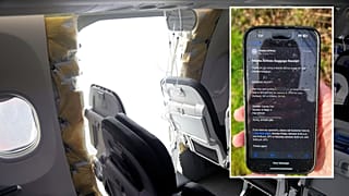 This photo shows a gaping hole where the paneled-over door had been at the fuselage plug area of the flight. Overlaid is a phone that was found in Oregon with a baggage claim.