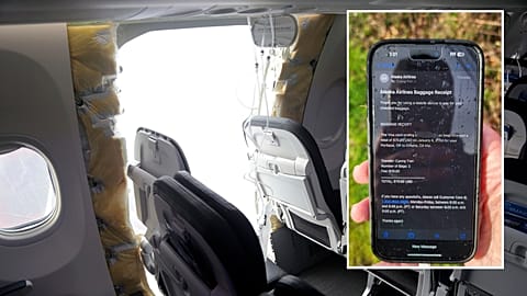 This photo shows a gaping hole where the paneled-over door had been at the fuselage plug area of the flight. Overlaid is a phone that was found in Oregon with a baggage claim.