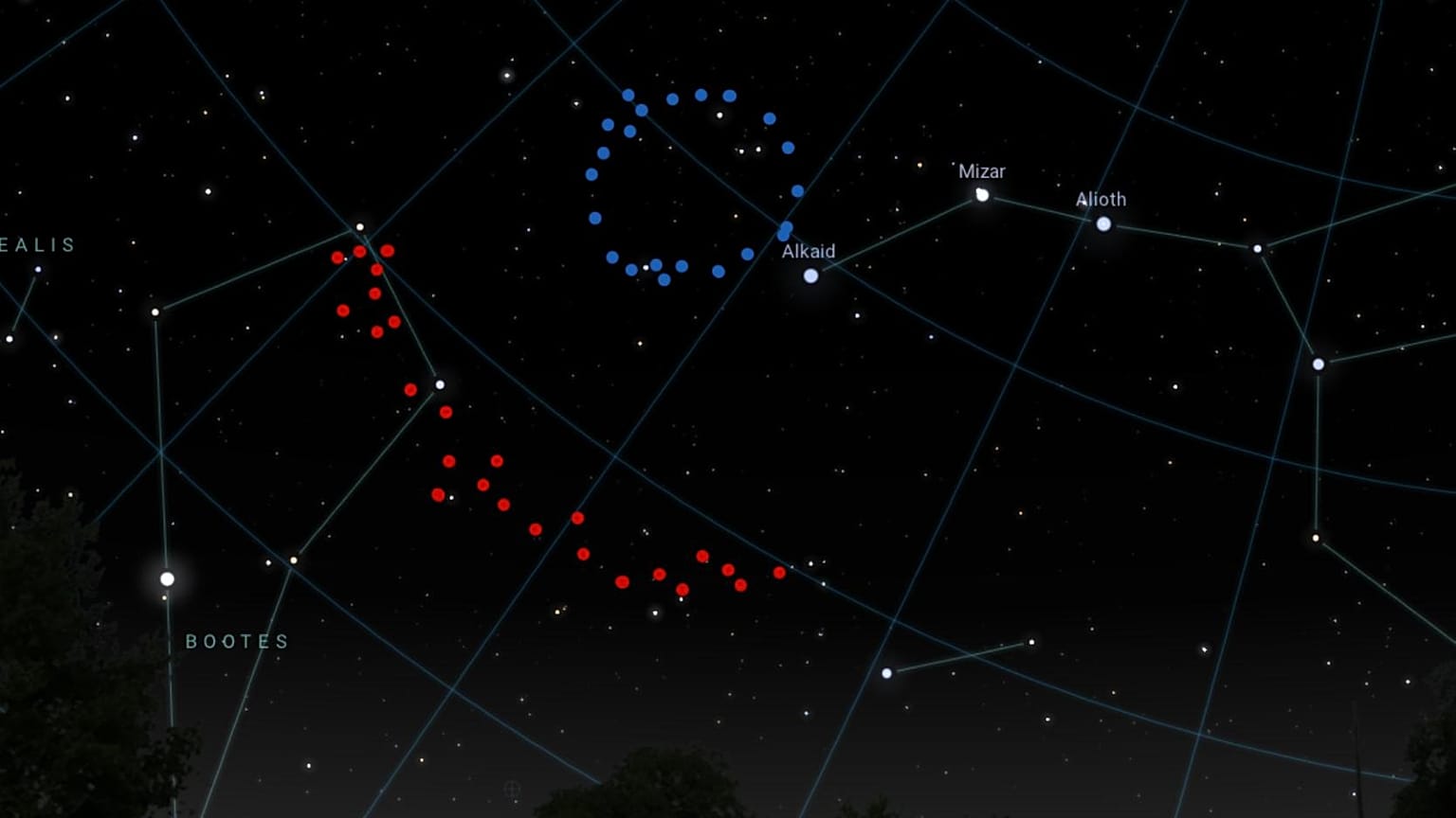 Une impression artistique de ce que le Grand Anneau (en bleu) et l'Arc géant (en rouge) ressembleraient dans le ciel. 