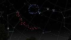 Une impression artistique de ce que le Grand Anneau (en bleu) et l'Arc géant (en rouge) ressembleraient dans le ciel. 