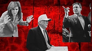 Imagen en la que aparecen los tres grandes candidatos a la presidencia del Partido Republicano de Estados Unidos: Haley (izquierda), Trump (centro), y Ron De Santis.