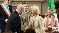 President of the EU Commission Ursula von der Leyen, President of the region of Emilia Romagna Stefano Bonaccini, Italian Premier Giorgia Meloni