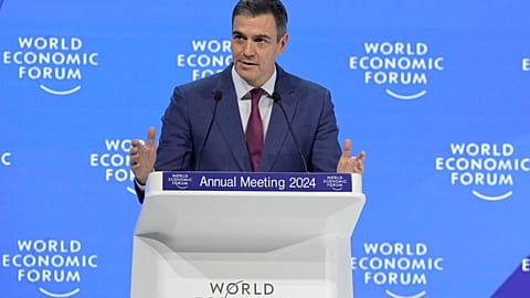 Pedro Sanchez, Spains Prime Minister delivers his speech at the Annual Meeting of World Economic Forum in Davos, Switzerland, Wednesday, Jan. 17, 2024. 