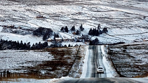 A snow-covered hillside is photographed at Nenthead in Cumbria, England
