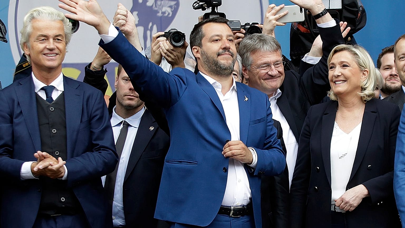 From left, Geert Wilders, leader of Dutch Party for Freedom, Matteo Salvini, Jörg Meuthen, leader of Alternative For Germany party, and Marine Le Pen, attend a rally.