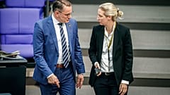 Tino Chrupalla (gauche), président de l'Alternative pour l'Allemagne (AfD), et Alice Weidel (droite), à la tête du groupe parlementaire de l'AfD.