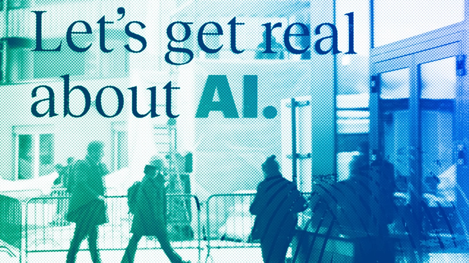 People reflected in a window of a hotel at the Davos Promenade with a slogan about AI alongside the World Economic Forum in Davos, January 2024