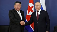 Russian President Vladimir Putin and North Korea's leader Kim Jong Un shake hands during their meeting at the Vostochny cosmodrome outside the city of Tsiolkovsky, Russia 