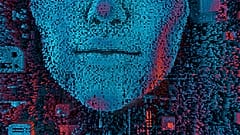 Abstract lanscape made of tiny cubes and human-like face, artificial intelligence concept 