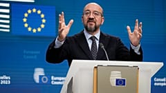 Der Ständige Präsident des Europäischen Rates, Charles Michel, auf einer Medienkonferenz nach einem EU-Gipfel in Brüssel, 15. Dezember 2023 .