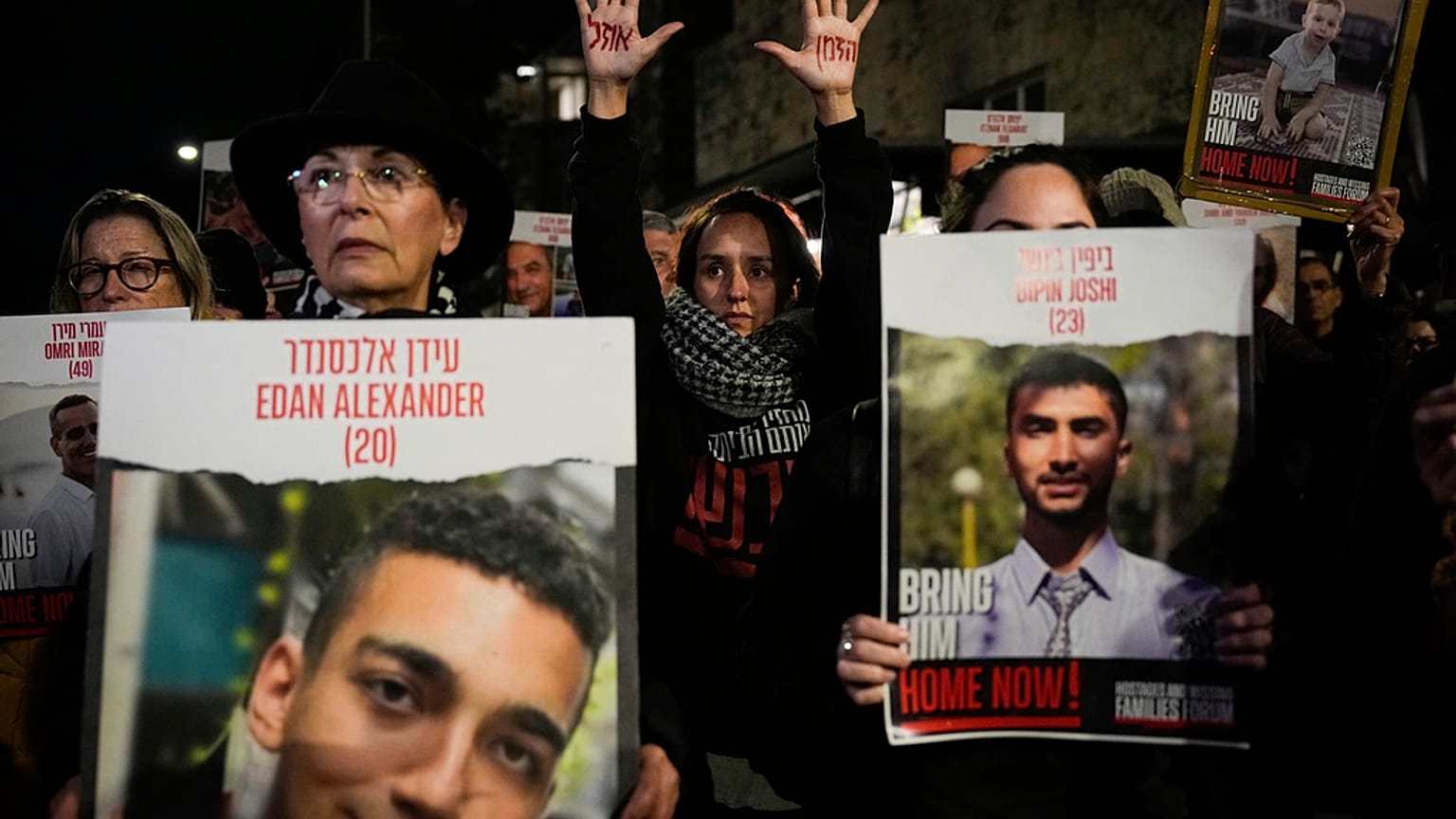 Relatives and supporters of the Israeli hostages held in the Gaza Strip by the Hamas militant group attend a protest calling for their release