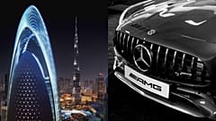 The plans for the Mercedes-Benz tower in Dubai, next to one of their cars