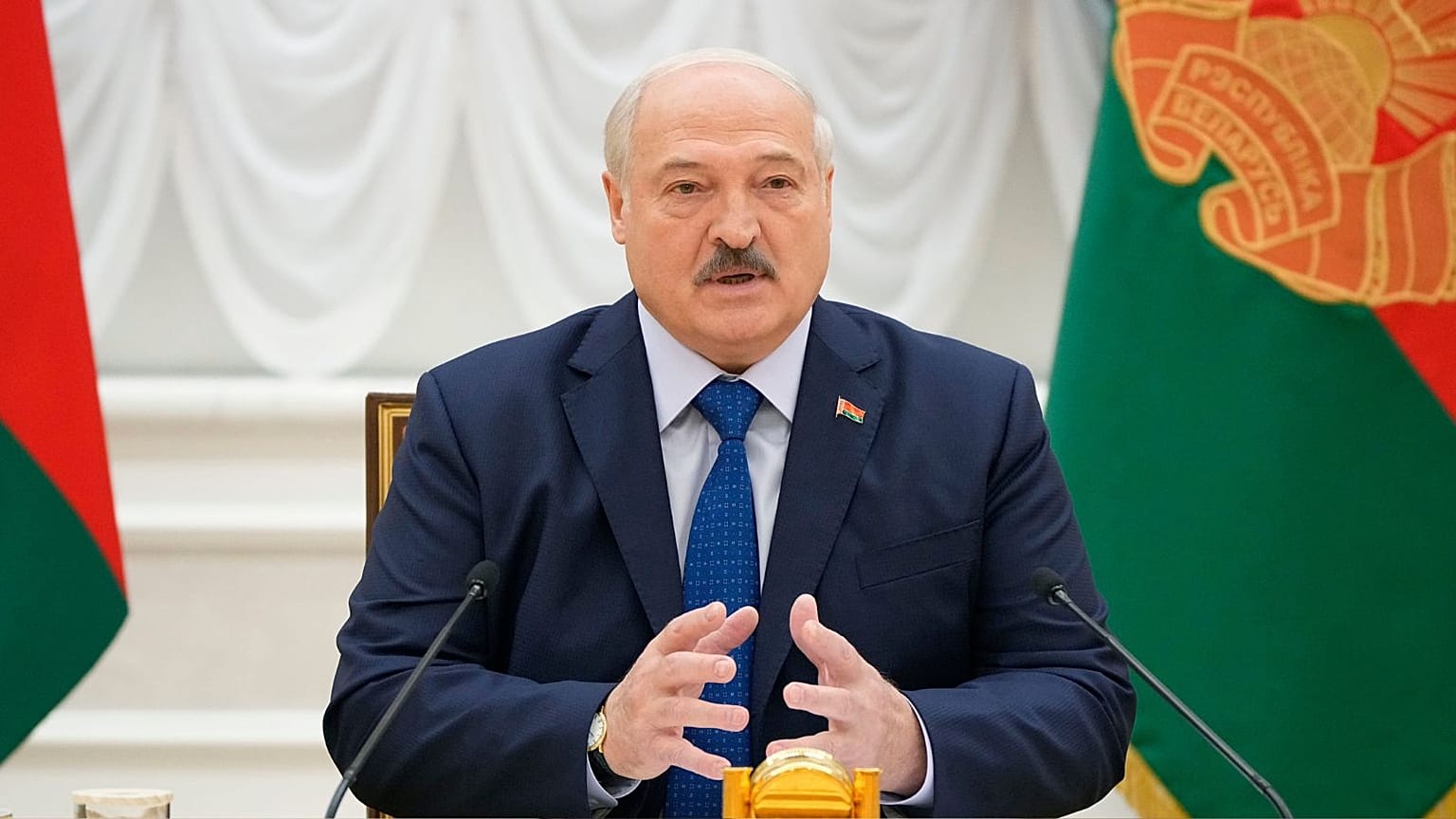 Belarusian President Alexander Lukashenko speaks during a meeting with foreign correspondents, in Minsk, Belarus, on July 6, 2023. 