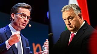 İsveç Başbakanı Ulf Kristersson (sol), Macaristan Başbakanı Viktor Orban