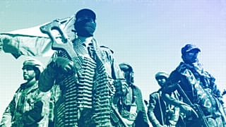 Houthi-Kämpfer demonstrieren gegen die Angriffe der USA und des Vereinigten Königreichs auf ihre militärische Einrichtungen in der Nähe von Sanaa, Januar 2024