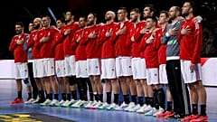 A magyar csapat a Franciaország - Magyarország mérkőzés előtt a kölni Lanxess Arénában 2024. január 24-én.