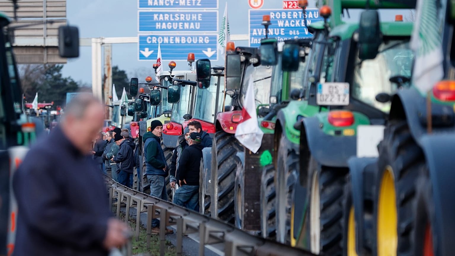 Farmers block the highway Wednesday, Jan. 24, 2024 near Strasbourg; eastern France. 