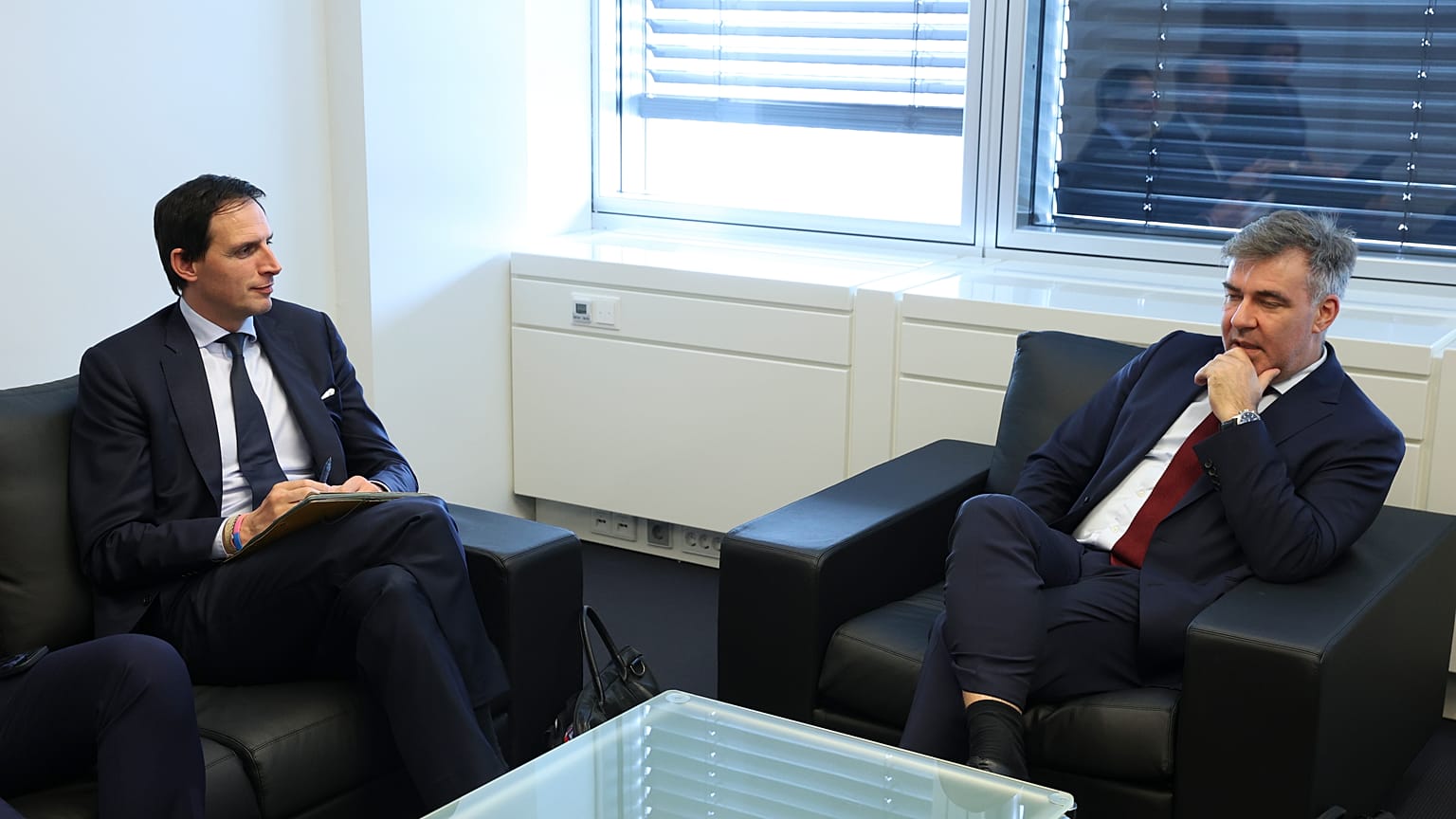 Danish climate and energy minister Lars Aagaard (right) meets newly appointed EU climate commissioner Wopke Hoekstra at an EU Council summit in October 2023.