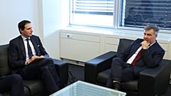 Danish climate and energy minister Lars Aagaard (right) meets newly appointed EU climate commissioner Wopke Hoekstra at an EU Council summit in October 2023.
