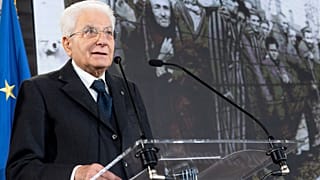 Italian President Sergio Mattarella delivers his speech in Rome Friday, Jan. 26, 2024. 