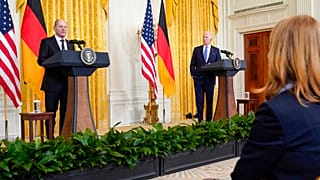 President Joe Biden and German Chancellor Olaf Scholz during a news conference in the East Room of the White House in 2022
