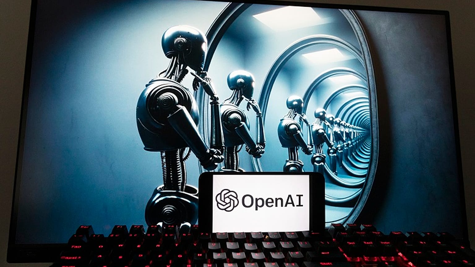 El logotipo de OpenAI en una pantalla de computadora generada por el modelo de texto a imagen Dall-E de ChatGPT, 8 de diciembre de 2023, en Boston