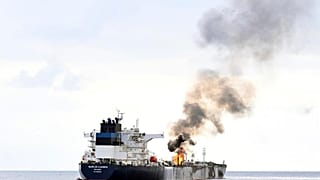 n this photo provided by the Indian Navy on Saturday, Jan. 27, 2024, a view of the oil tanker Marlin Luanda on fire after an attack, in the Gulf of Aden.