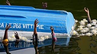 An installation created by the Milan's municipality in memory of a fishing boat packed with some 500 African migrants which capsized in 2013 off the shores of Lampedusa.