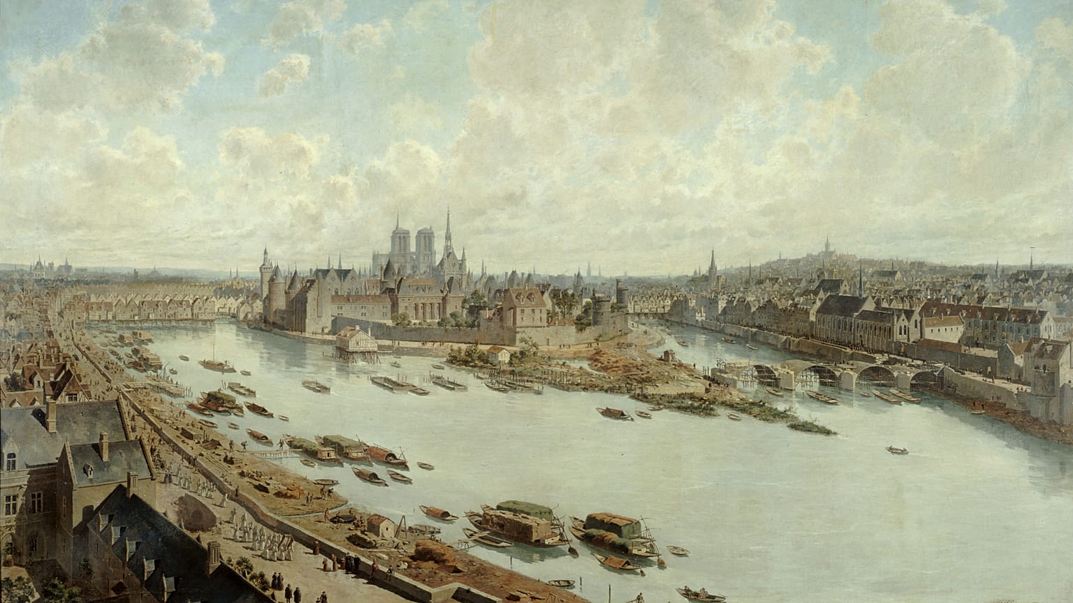Le tableau "Vue panoramique de Paris en 1588, depuis les toits du Louvre, avec le Pont-Neuf en construction" de Théodore-Josef-Herbert.