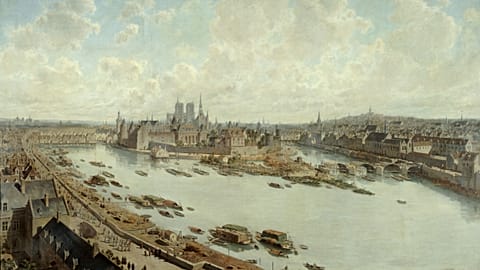 The painting "Panoramic view of Paris in 1588, from the Louvre's roof, with Pont-Neuf under construction" by Théodore-Josef-Herbert.