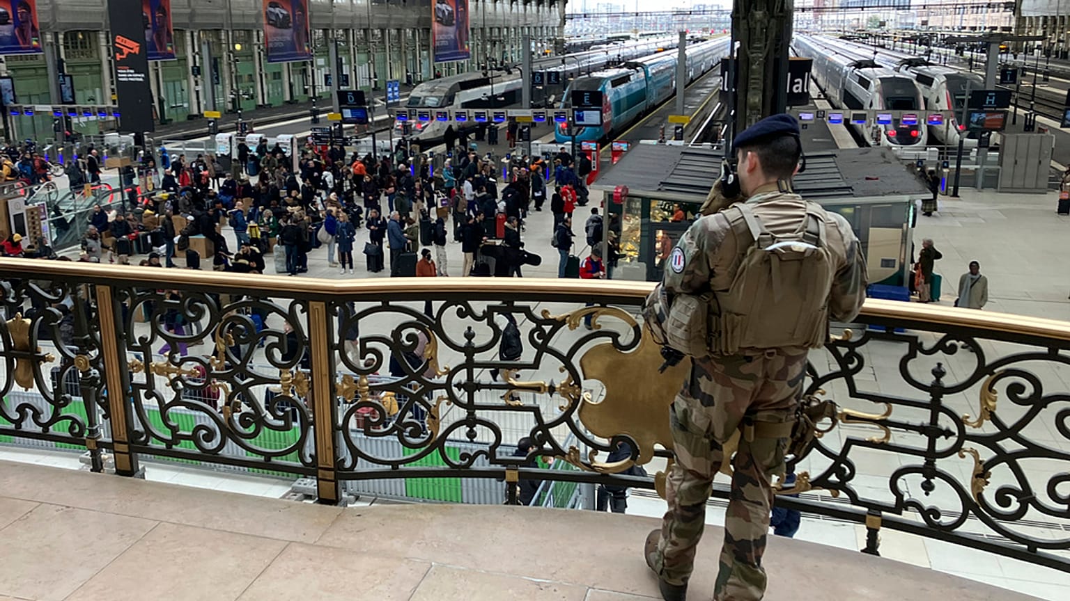 A soldier patrols inside the Gare de Lyon station after an attack, Saturday, Feb. 3, 2024 in Paris. 